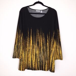 Susan Graver Liquid Knit long sleeve top round neck black yellow abstract print